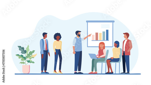 Diverse team of professionals collaborating during a business presentation with a bar chart on a whiteboard and a laptop