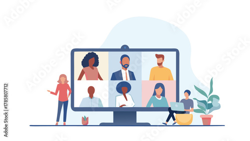 Diverse group of people participating in a video conference call on a large computer screen with two people in the foreground