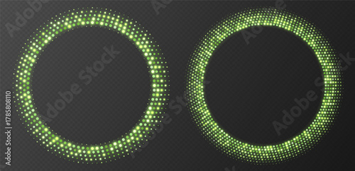 Green halftone frames, glowing circle borders, round pattern with dots, radial disco luxury design element. Vector illustration.