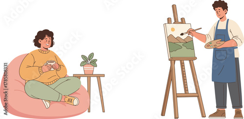 Creative Hobby Leisure Time: Man Painting Landscape on Easel, Woman Relaxing with Coffee, Cozy Home Art Illustration