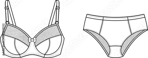 Technical sketch of women's lingerie set, bra and panties design, fashion flat, sewing details, undergarment illustration