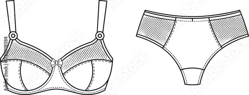 Women's lingerie set technical sketch, bra and panties design, fashion flat, sewing details, undergarment illustration
