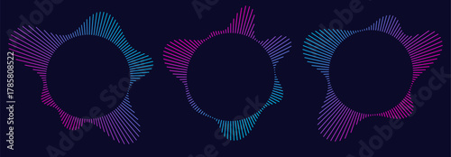 Sound equalizer icons with lines, gradient neon circular sound wave frames, abstract radial music icons. Audio beat symbol concept isolated on dark background. Vector illustration.