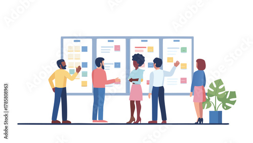 Diverse team of professionals collaborating and brainstorming ideas on a large whiteboard with sticky notes and charts