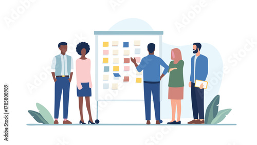 Diverse team collaborating around a whiteboard with sticky notes brainstorming ideas and planning projects in a modern office setting