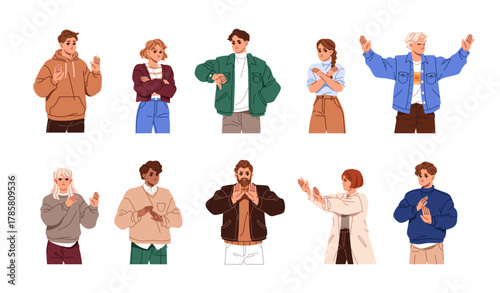 Set of refusing people. Men and women say stop or no with hand gestures. Characters denial, disagree, showing negative body language signs. Flat isolated vector illustrations on white background