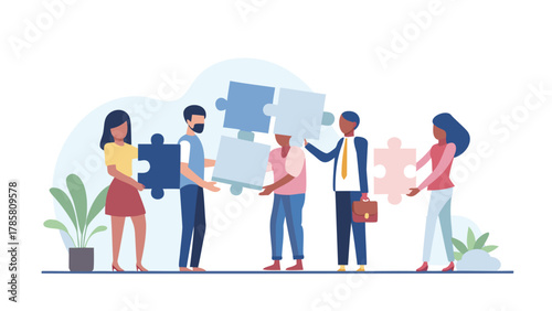 Diverse team of professionals collaborating and connecting puzzle pieces to achieve a common goal and success