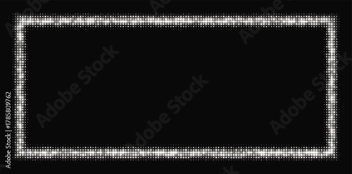Silver halftone frame, glowing rectangle border, pattern with dots, radial disco luxury design element. Vector illustration.