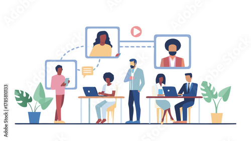 Diverse team collaborating remotely through video calls and digital communication in a modern office setting