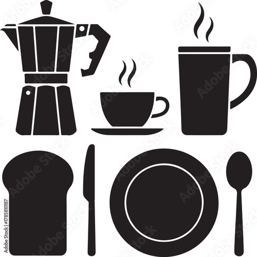 Morning Breakfast Setup Silhouette with Coffee Pot Cup Bread Knife Plate and Spoon