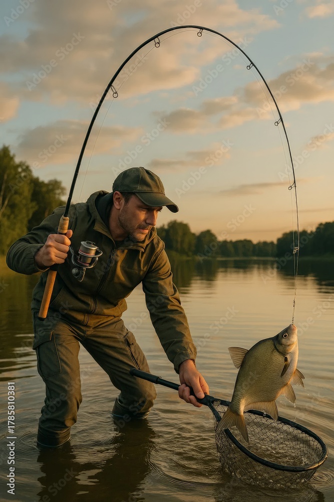 Obraz premium Angler lands a fish with a net at sunset, standing in shallow lake water with a bent rod.