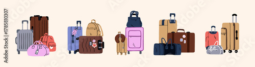 Doodle set of luggages. Suitcases and bags with different sizes for travelling. Backpacks and handbags for journeys in summer vacations. Flat isolated vector illustrations on white background