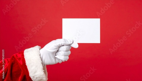 Santa-gloved hand holding blank card on red background, festive and minimal.