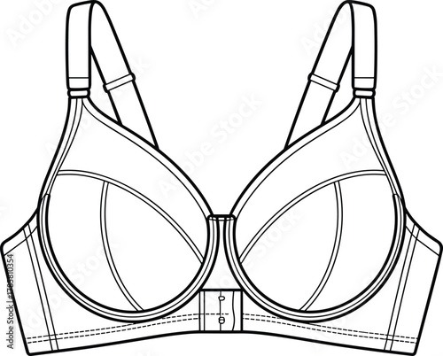 Technical bra illustration, structured lingerie design, front hook closure, adjustable straps, fashion garment sketch