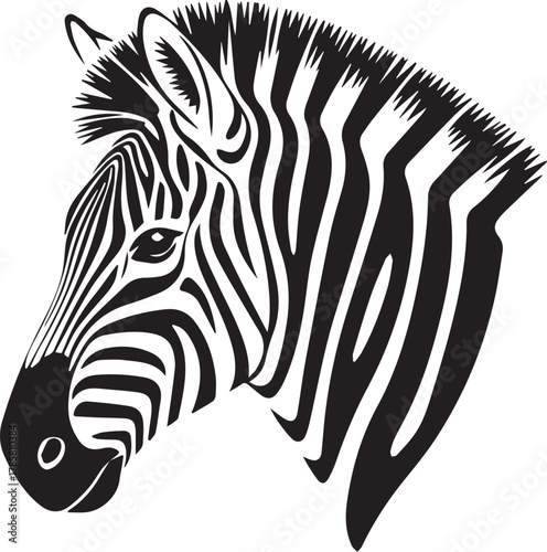 Stylized black and white illustration of a zebra head