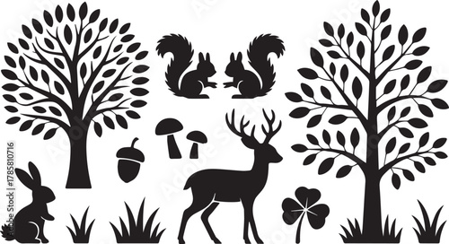 Woodland silhouettes clip art with trees, animals, and plants