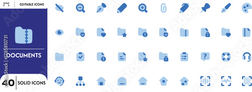 Blue Solid Icons Set for UI UX Design Web Apps and Software Interfaces Includes Navigation Alerts Actions and System Controls, Modern icons for systems, health, users, artist and security.