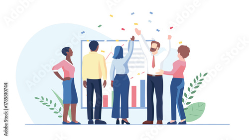 Diverse business team celebrates success with confetti and graph presentation in a modern office setting