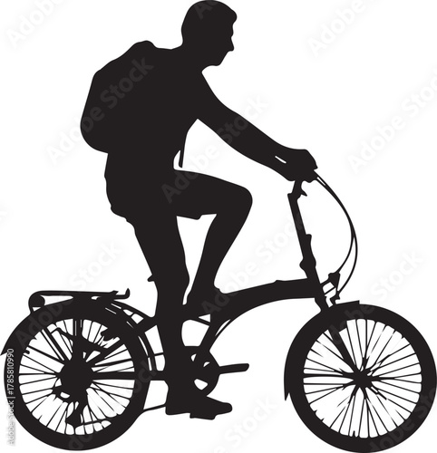 Silhouette of a person riding a folding bicycle with a backpack