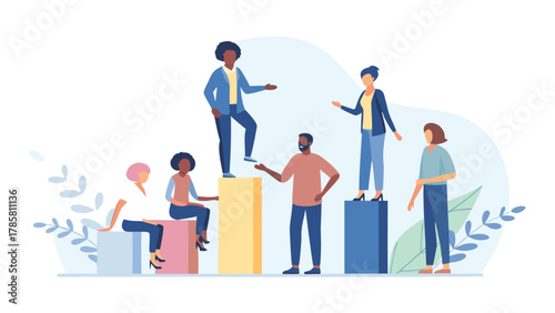 Diverse group of people standing and sitting on colorful blocks representing different levels of success and achievement