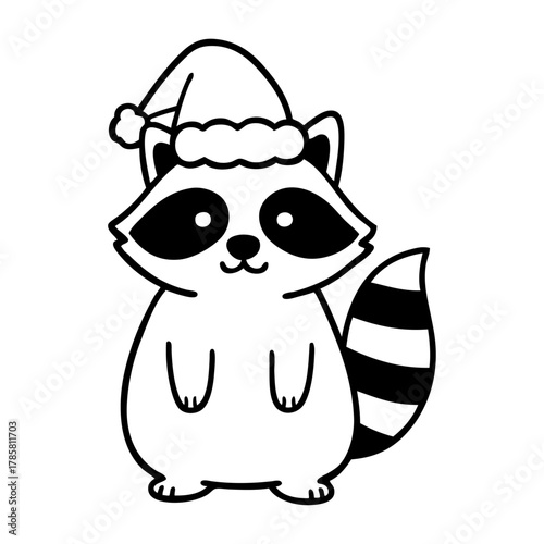 Dibujo sencillo con líneas de mapache simpático con sombrero de Santa Claus para tarjetas y felicitaciones de Navidad