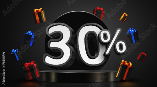 Dynamic 30 Percent Discount Promotion with Flying Gift Boxes on a dark elegant background. Vector illustration
