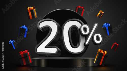 Dynamic 20 Percent Discount Promotion with Flying Gift Boxes on a dark elegant background. Vector illustration