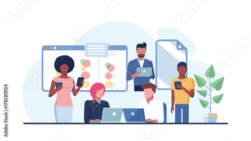 Diverse team collaborating on a project using laptops tablets and smartphones in a modern office setting with digital presentation