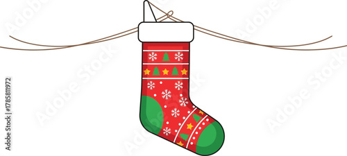 Festive christmas stocking hanging on a string ready for santa's gifts and treats