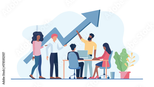 Diverse team collaborating and celebrating business growth with an upward trending arrow graphic in a modern office setting