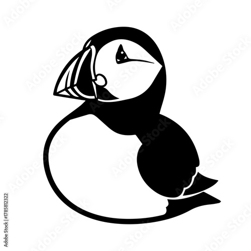 Stylized black and white Atlantic puffin bird icon illustration. Simple monochrome graphic of a cute seabird with a distinctive beak