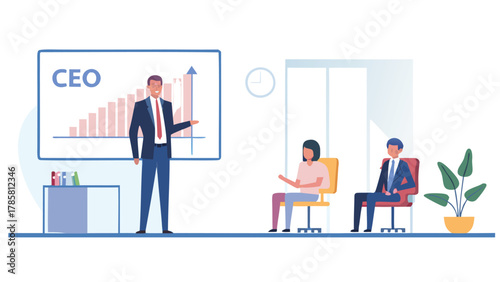 Ceo presenting a positive growth chart to colleagues during a business meeting in a modern office environment