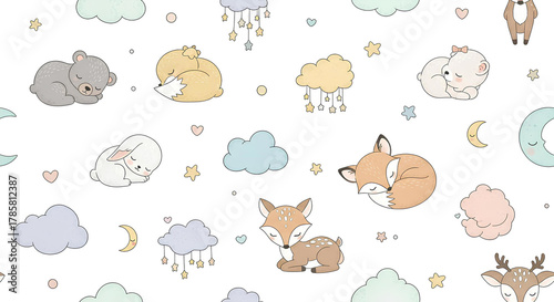 Dreamy Baby Animal Nursery Seamless Vector Pattern