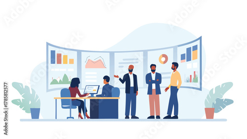 Diverse business team collaborating and analyzing financial data charts on a large curved screen in a modern office setting