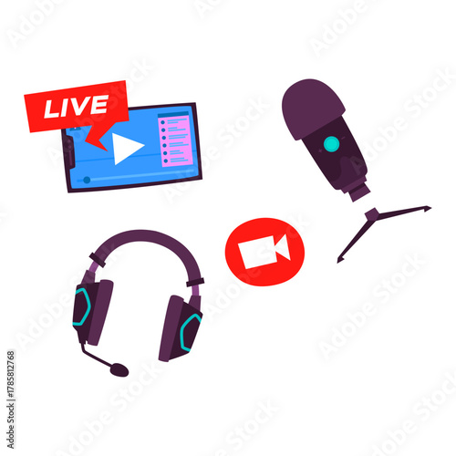 Streaming setup with headphones, microphone, and mobile device displaying a live video player and camera icon