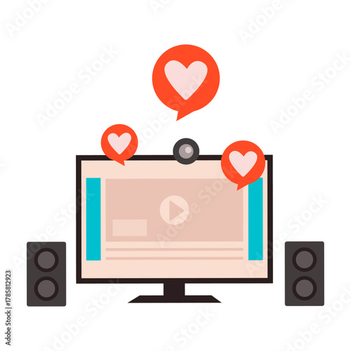 Digital entertainment and broadcasting concept with media player, speakers, and likes icons on a monitor
