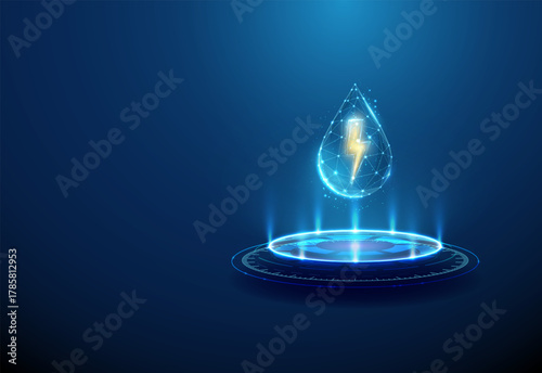 Water droplet with yellow lightning inside on futuristic podium. Renewable, sustainable power, eco-friendly technology, energy efficiency concept.