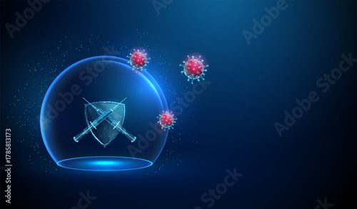 Two crossed syringes in front of shield under glass dome with red viruses attacking. Vaccination, medical protection, epidemic prevention concept.