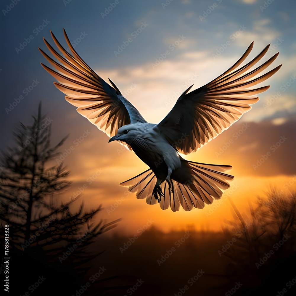Obraz premium Raven in Flight - A Majestic Bird Soaring Through a Sunset Sky.