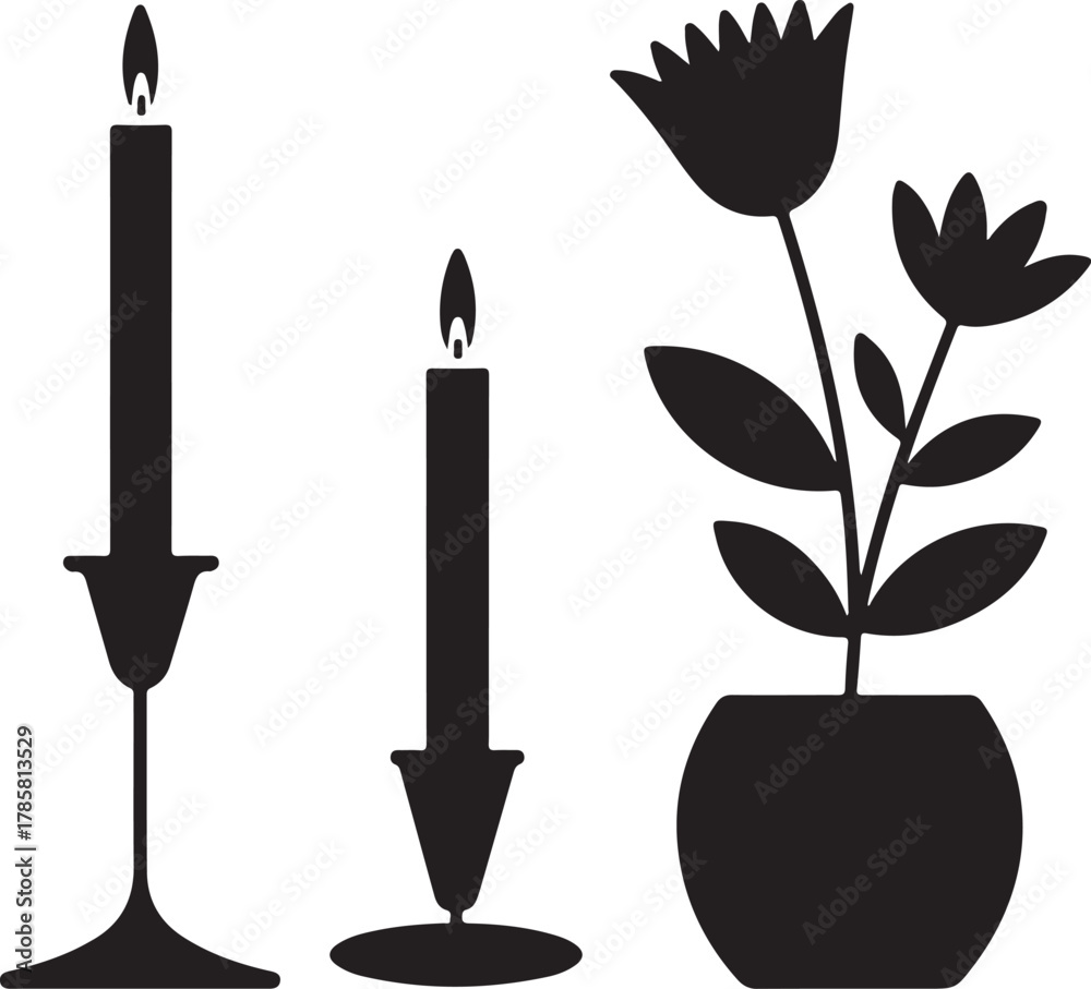Fototapeta premium Nordic Dining Table Centerpiece Silhouette with Candle Flower and Pot