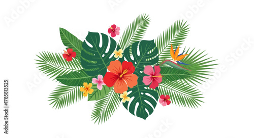 Tropical floral arrangement with hibiscus, monstera leaves, and palm fronds.