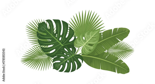 Tropical foliage arrangement featuring monstera, palm, and banana leaves in a vibrant green color palette.
