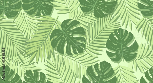 Tropical foliage pattern with monstera and palm leaves in shades of green.
