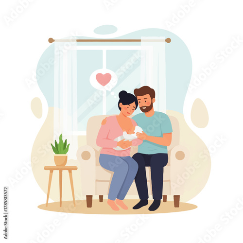 Happy family with newborn baby sitting in armchair at home.