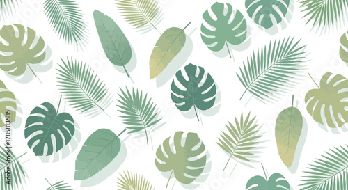 Tropical leaf pattern with monstera and palm leaves in shades of green on white background.