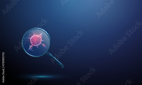 Red tumor under a magnifying glass. Cancer diagnostics, oncology research, disease detection, pathology investigation, biomedical study, health monitoring concept.