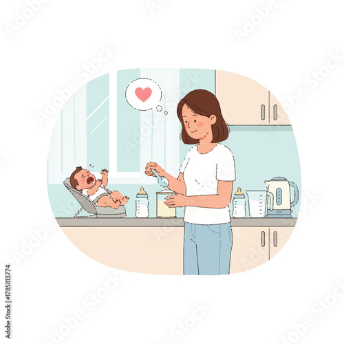 Mother preparing baby formula while baby cries in background.