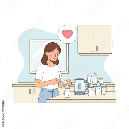 Illustration of a woman preparing baby bottles in a kitchen.