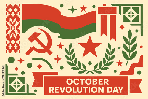 October Revolution Day, revolution day vector, Belarus holiday design, national day illustration, flat style celebration, clean vector background, patriotic elements, red green design, abstract flag s