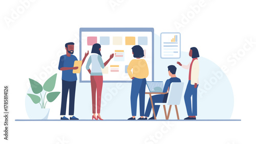 Diverse team of professionals collaborating around a whiteboard with sticky notes and a laptop during a business meeting